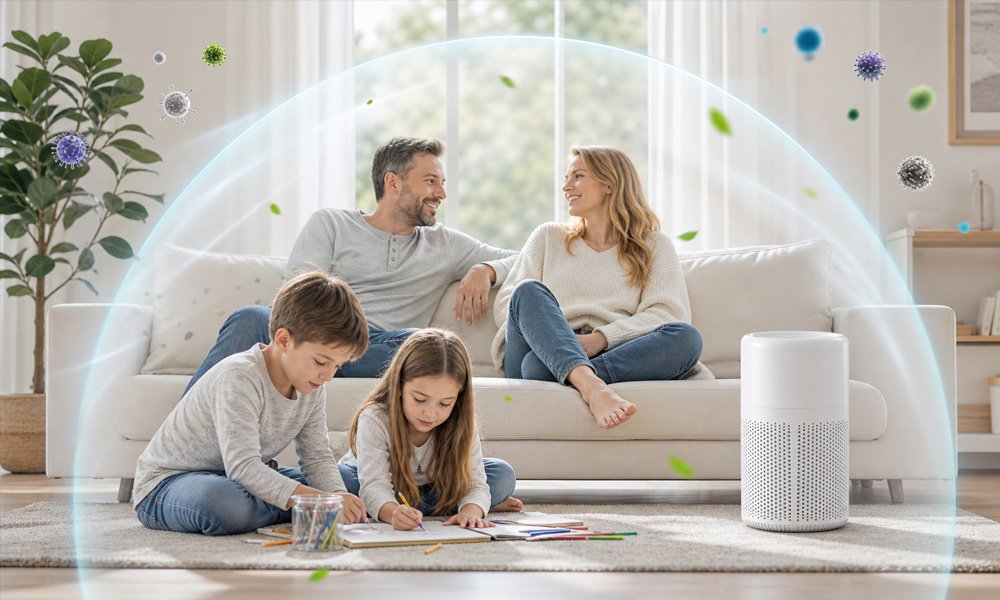 Family breathing fresh air at home